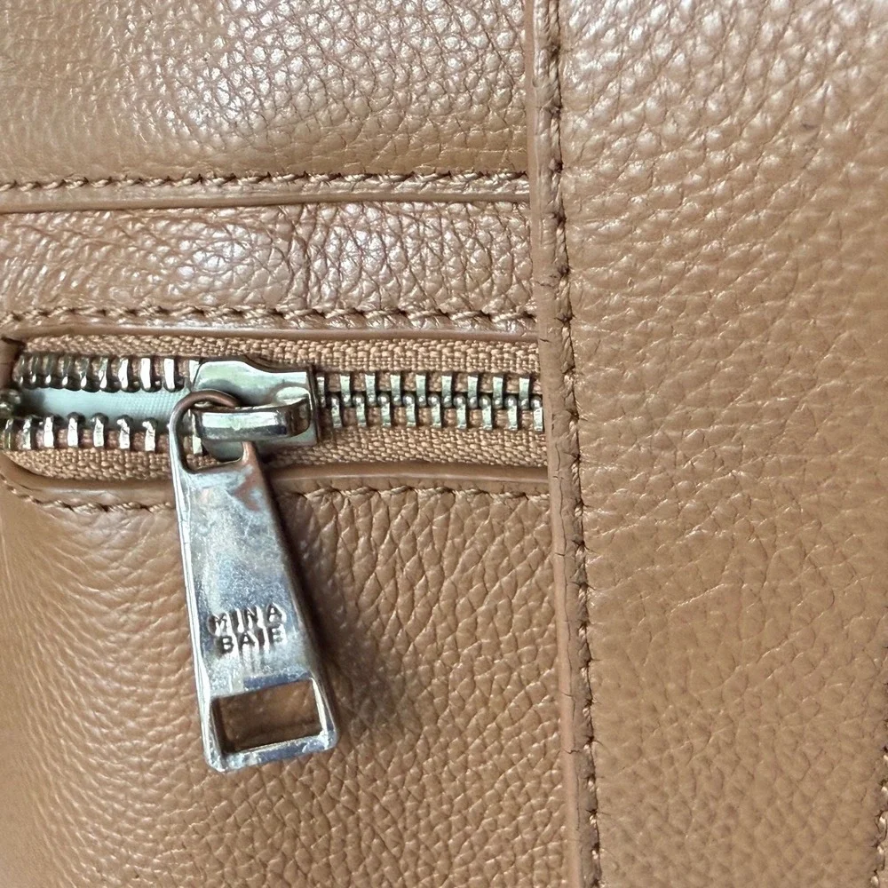 Mina Baie Stevie Tan Pebbled Leather Backpack Diaper Bag Gold Hardware